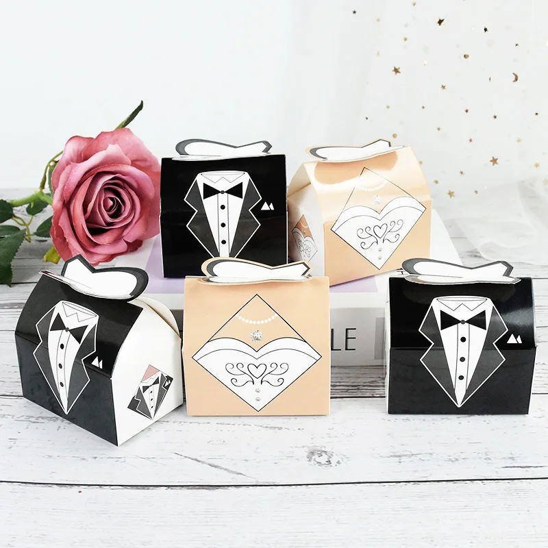 

10pcs European Style Bride Groom Tuxedo Suit Wedding Dress Candy Box Bag Wedding Favors Gift For Guests Wedding Decor Supplies