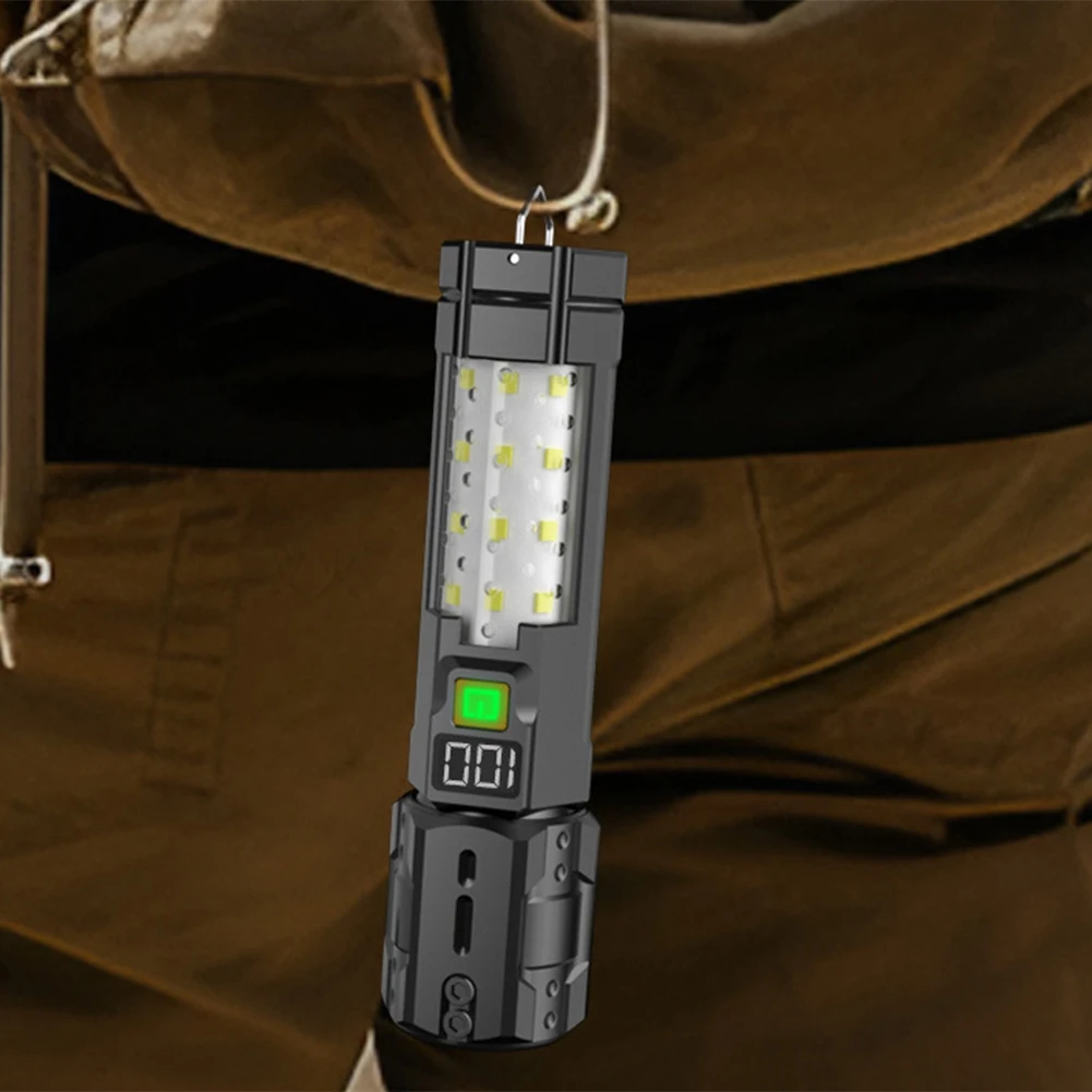 A45U Portable Multi-Function Zoom Flashlight For Car, Outdoor LED Work Light With Warning Searchlight Feature, Black