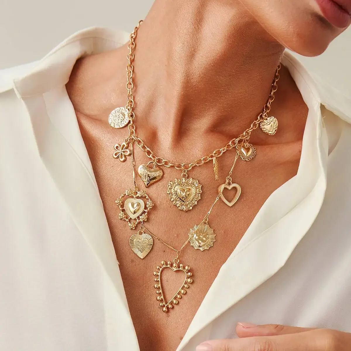 Ingemark Punk Hollow Love Heart Flower Pendant Choker Necklace for Women Hip Hop Gold Color Chain Grunge Jewelry Steampunk Men