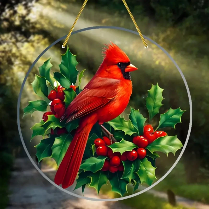 Red Bird Suncatcher,Christmas Bird Translucent Acrylic Round Sign Hanging Ornament,New Year Holiday Gift  Porch Wall Home Decor