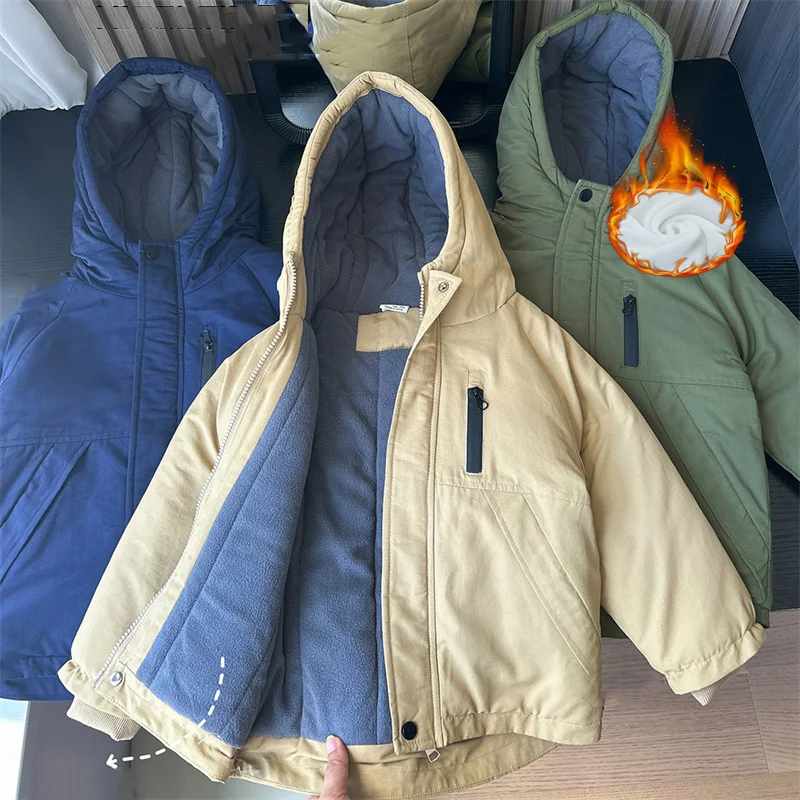 

Boys Thick Jackets Children Plus Velvet Cotton Coats Kids Padded Hooded Outerwear Fashion New Teenager Winter Outerwear 3-10Y