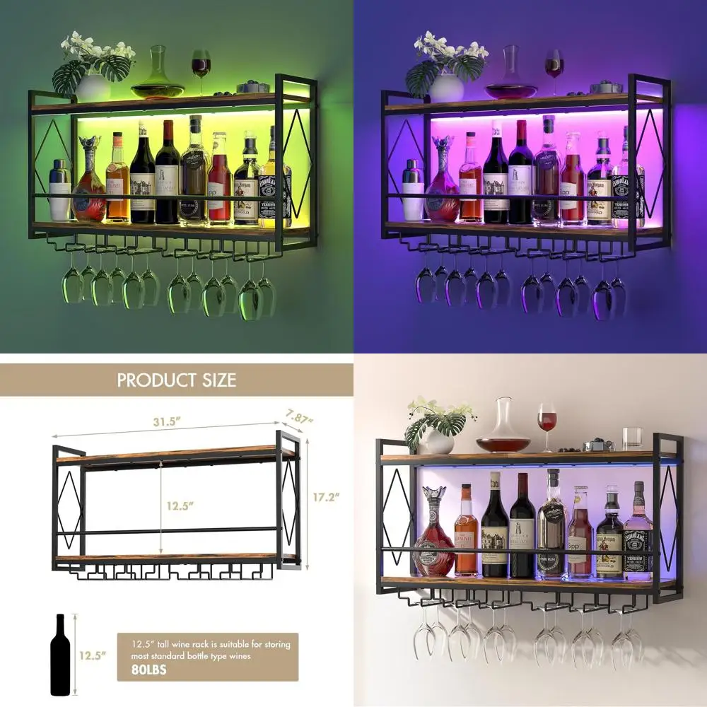 

LED-Illuminated Wall-Mounted Wine Rack, 31.5 Metal Bar Shelves with Glass Holders, Modern Storage for Kitchen, Home Bar, Dining,