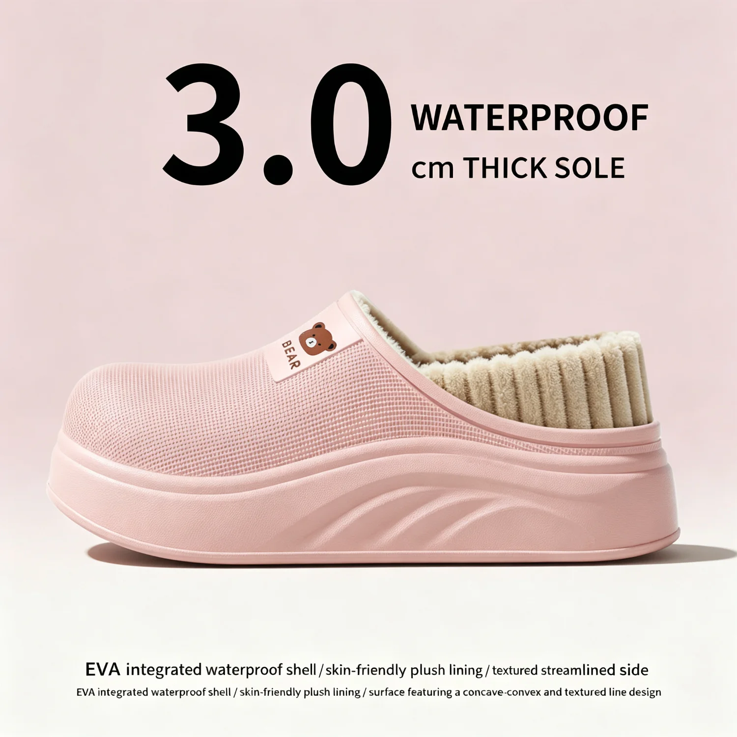 Wasserdichte Winter-Hausschuhe für Damen und Herren, 4 cm dicke Sohle, flauschig warm, für den Innenbereich, rutschfest, mit Fell gefüttert, weiche, gepolsterte Clogs. – Detail 18