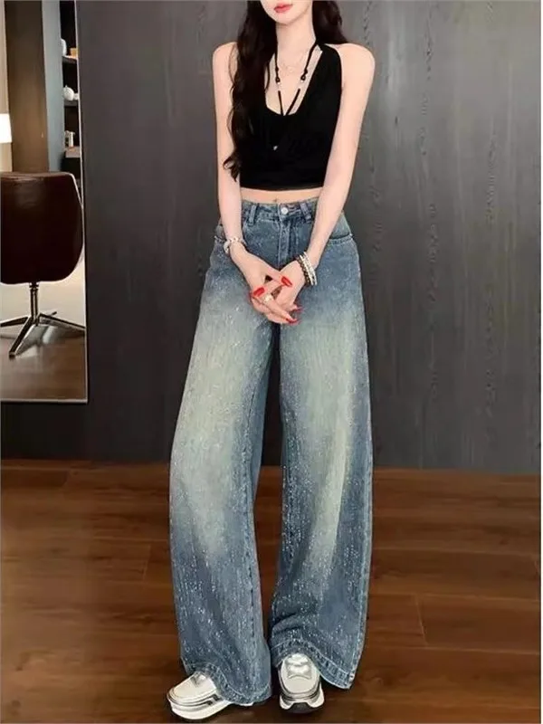 

Retro Glitter Wide Leg Jeans Women's Faionable Versatile Slimming Long Pants High Waist Straight Cut mid Stretch Daily Wear