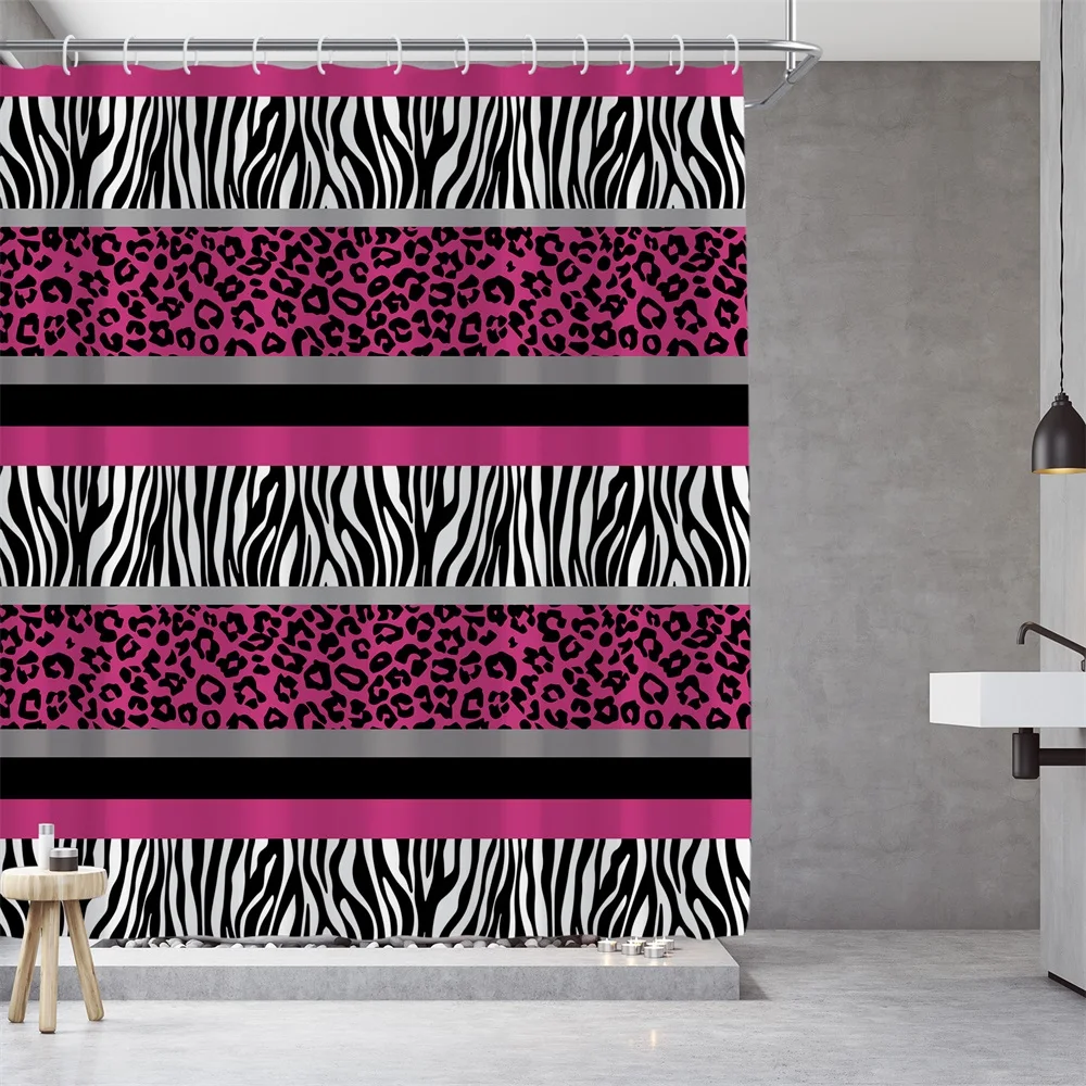 1PC, pink leopard print zebra print sandwich, modern home bathroom waterproof shower curtain with 12 plastic hooks, 71in*71in