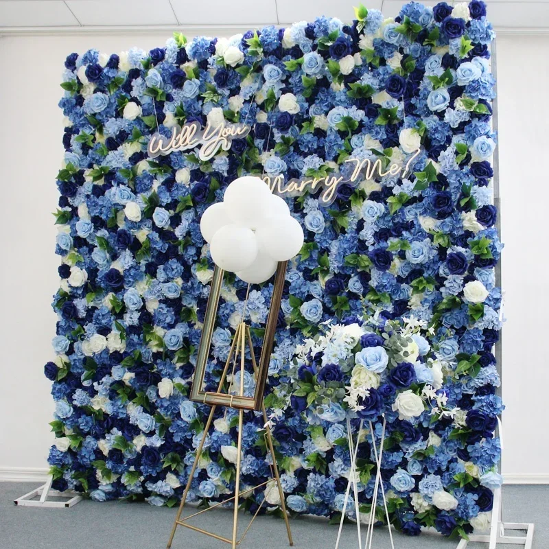 Royal Blue 3D Artificial Peony Hydrangea Cloth Flower Wall Rolling Up White Rose Fabric Floral Wall Party Wedding Backdrop Decor