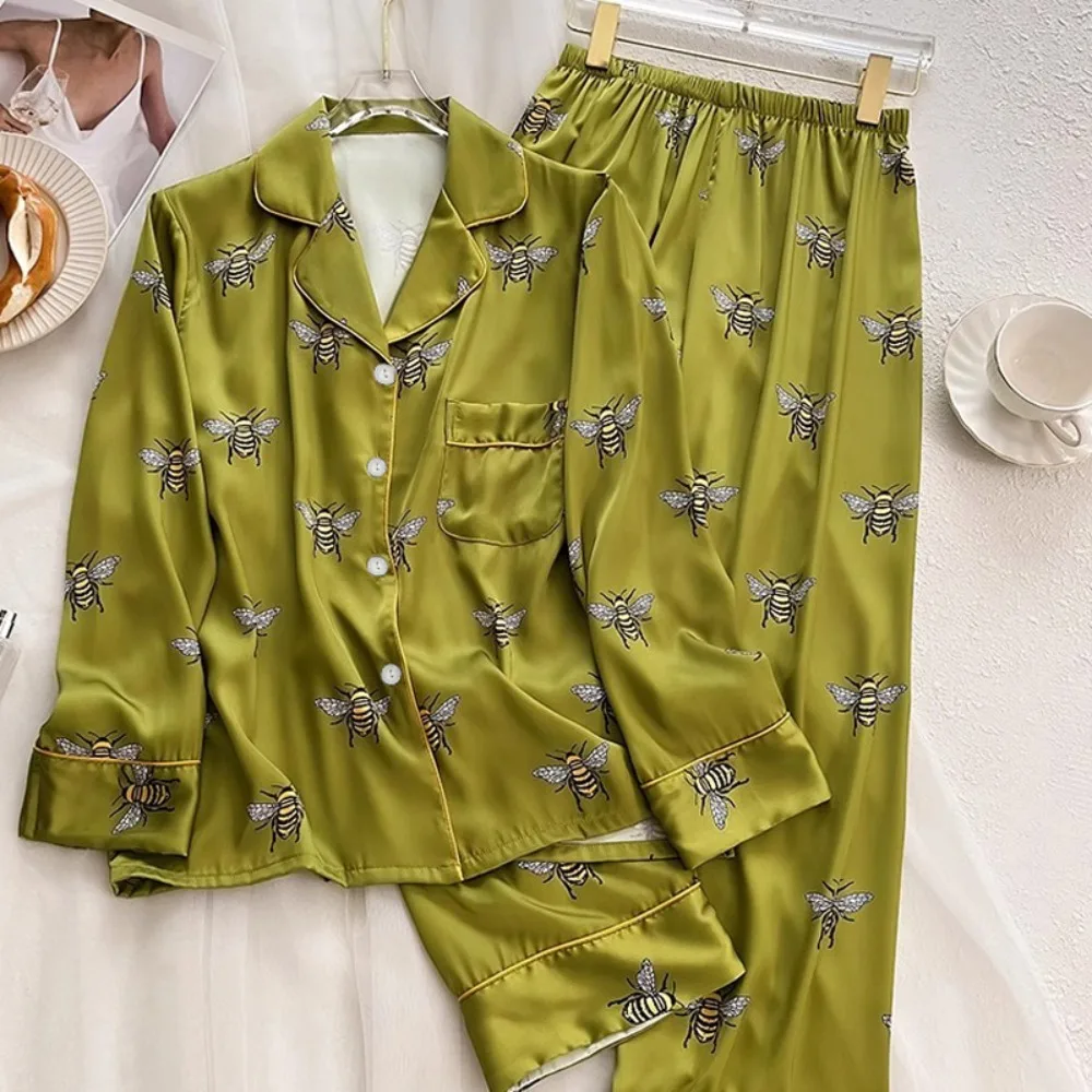 Animal Bee Print Pajamas Set for Women Sleepwear Faux Silk Satin Long Sleeve Pants Female Lounge 2024 Spring Fall Cartoon Pyjama