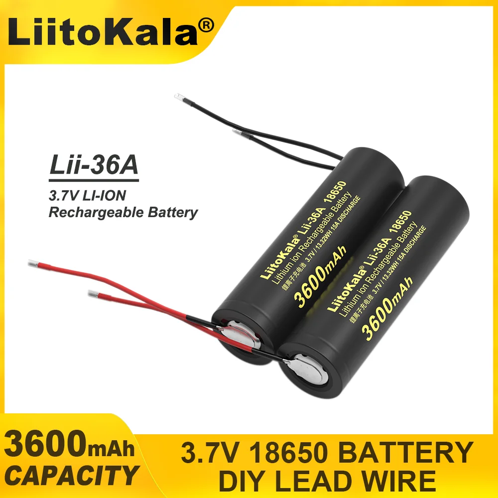 100% Original New LiitoKala Lii-36A 18650 3600mAh 3.7V Lithium Rechargeable Battery with DIY Silicone Cable Batteries 4.2V