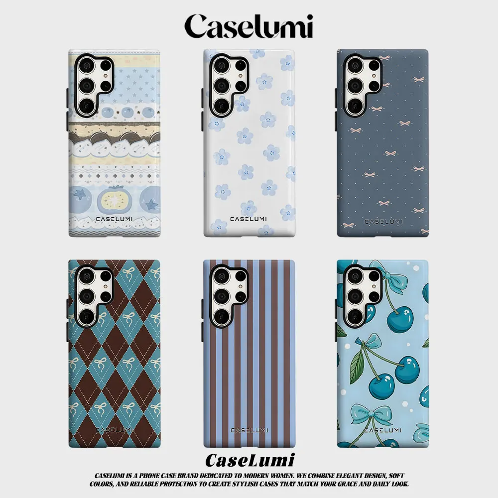 Blue Biscuit Berry Border For Samsung Galaxy Phone Case S23 S20 S25 FE S24 Plus S26 Ultra 2-IN-1 Shockproof Bumper Hard PC