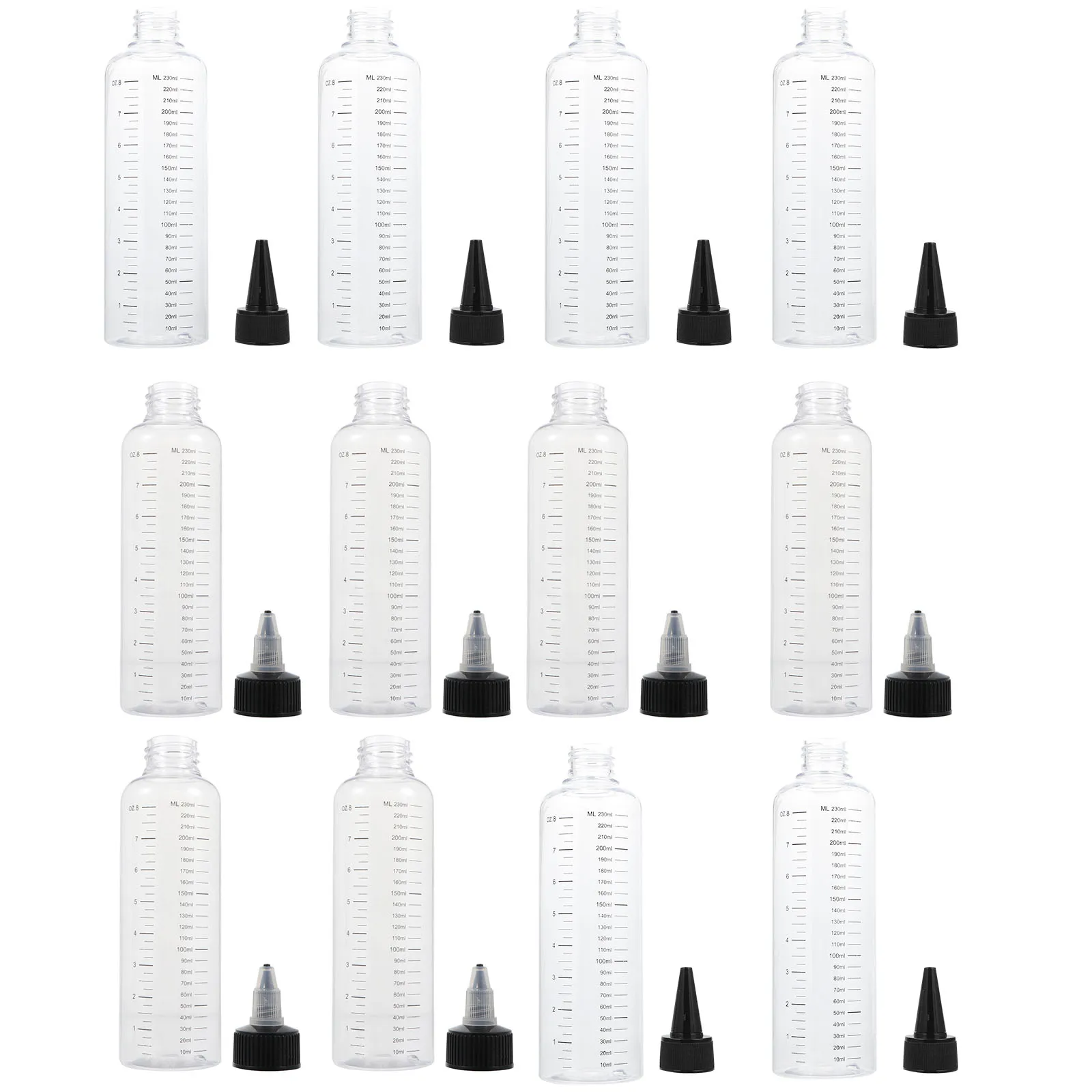 

12pcs Hair Dye Squeeze 250Ml Pointed Mouth Plastic Dispensing With Scale Leak Proof Empty Bottles For Oils Inks Pigments Liquid