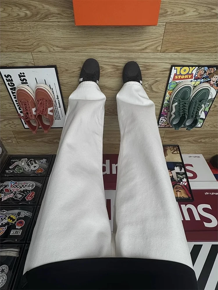 

White Fce Lined Straight Leg Jeans Men's Autumn Winter American High Street Loose Wide Leg Pants Youth Faion Polyester F...