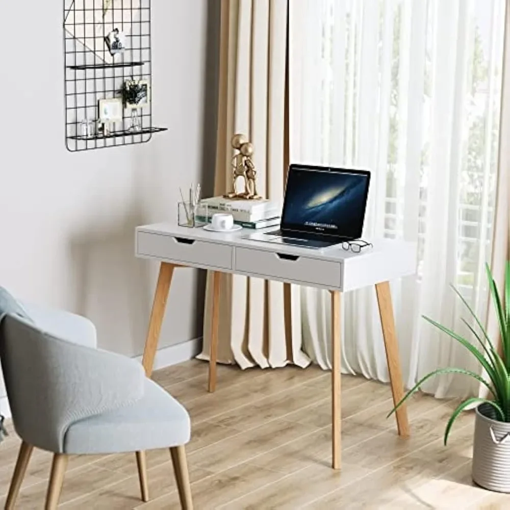 White Computer Writing Desk with 2 Drawers, Small Desk Makeup Vanity Table Wood Desk with 4 Oak Legs