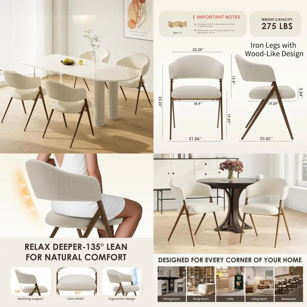 Set of 4 Beige Fabric Upholstered Dining Chairs with Iron Legs, Open Back, Padded Seats for Kitchen, Dining Room, Living Room, R