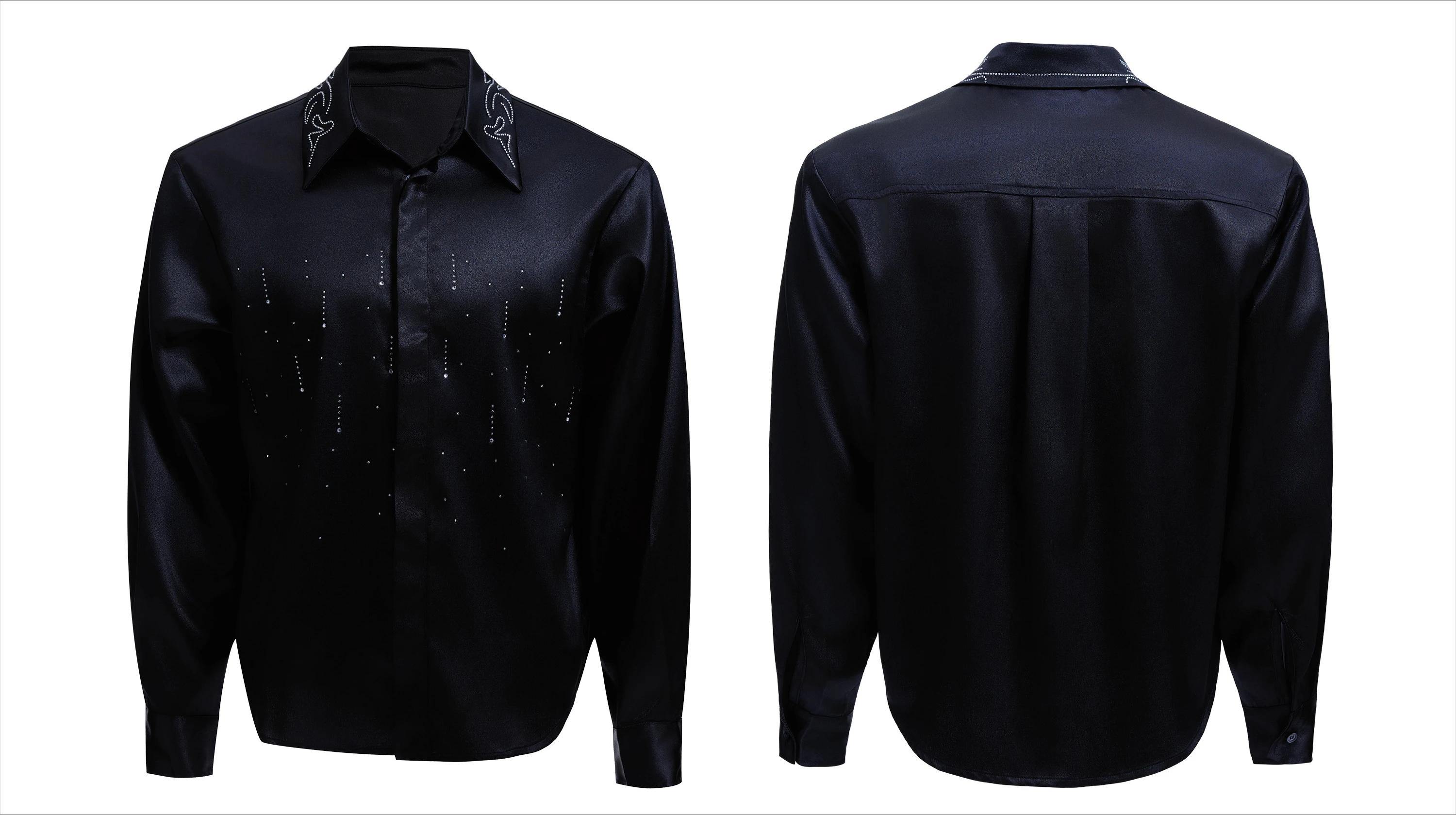 Men's 2025 Autumn New Solid Color Silk Satin Shirts Fine Flash Hot Diamond Shirt Elegant Loose Trendy Versatile Cotton Chic Tops