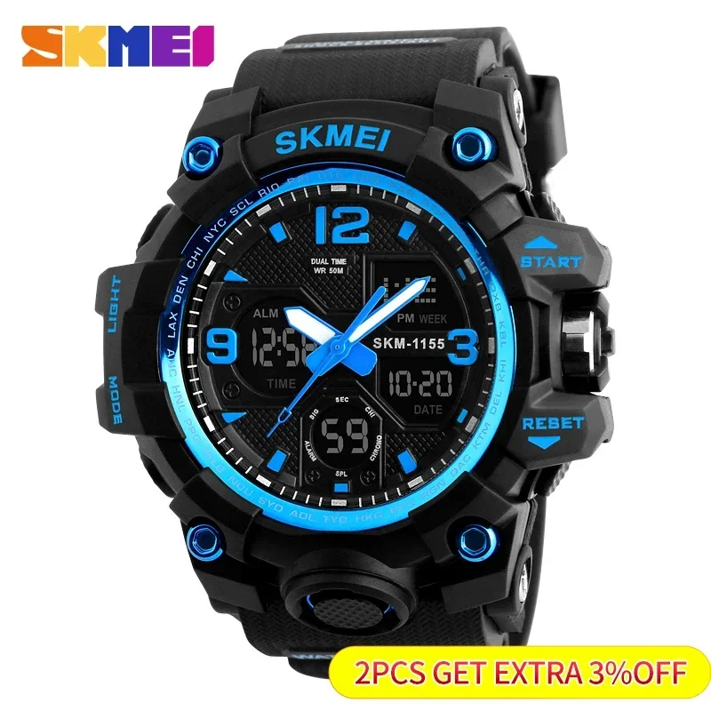 SKMEI 1155B reloj deportivo para hombre, con doble pantalla cronógrafo de pulsera, resistente al agua, estilo militar, Digital, 5bar