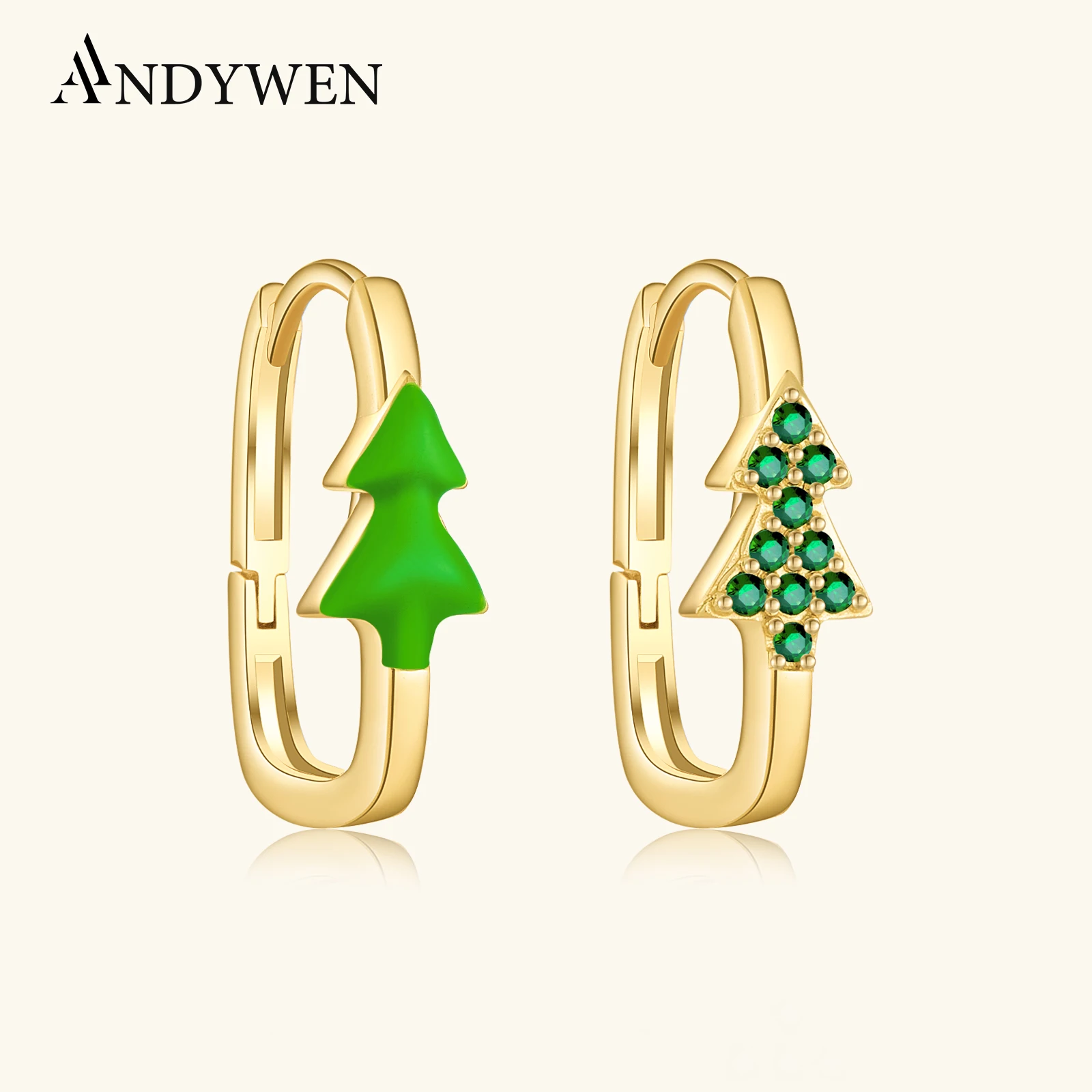 

ANDYWEN 925 Sterling Silver Christmas Tree Enamel Green Zircon Hoop Earring Piercing Women Trendy Casual Dainty Jewelry Gift