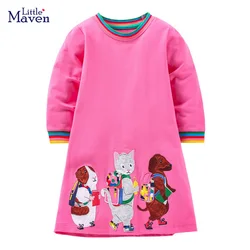 Little maven Baby Girls Long Sleeves Dress Cotton with Lovely Animals Carry Schoolbag Go to School Autumn Casual Clothes for Kid