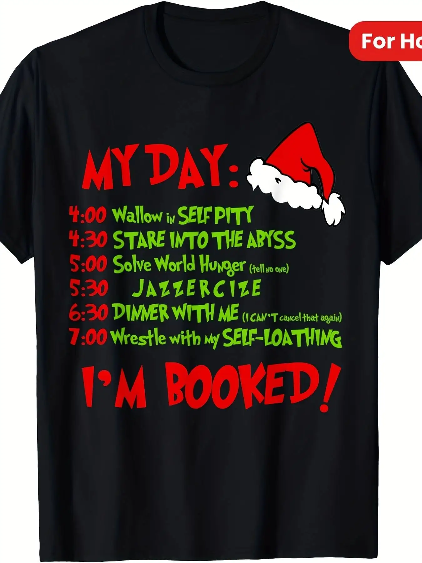 Humorous Christmas My Day Planner Graphic Tee - A Comical Holiday Schedule Design Featuring a Santa Hat & Daily Activities, Stretchy Fit Shirt for Everyone, Suitable for Year-Round Casual & Outdoor Use, a Hilarious Gift for All