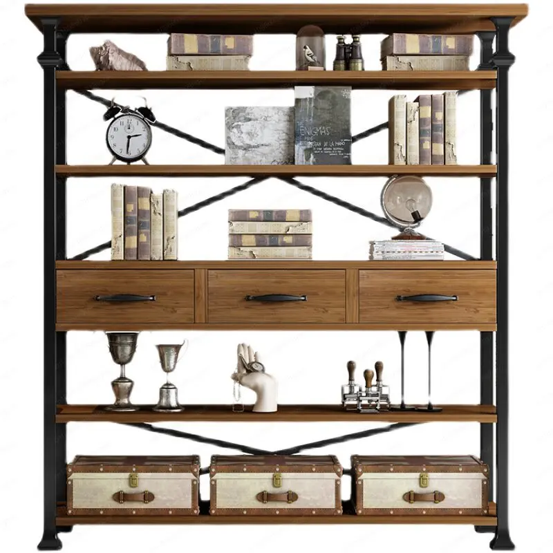 

American bookshelf solid wood floor-to-ceiling multi-layer shelf display shelf sundries retro office storage shelf