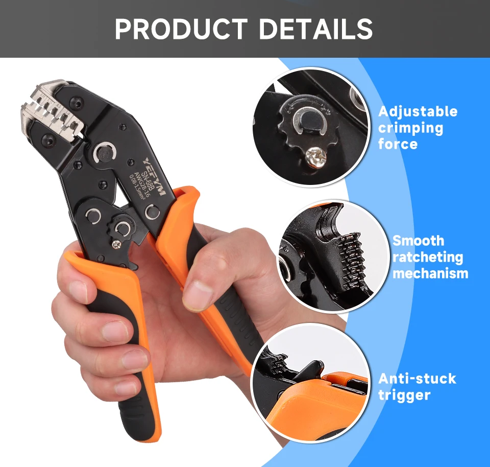 SN-68B Crimps Plug JST, TE, XH, SM, VH, PH, Molex Terminals Ratschen Crimper Zange für 0,08-1,5 mm2 (28-16 AWG) Drähte Werkzeug – Detail 7