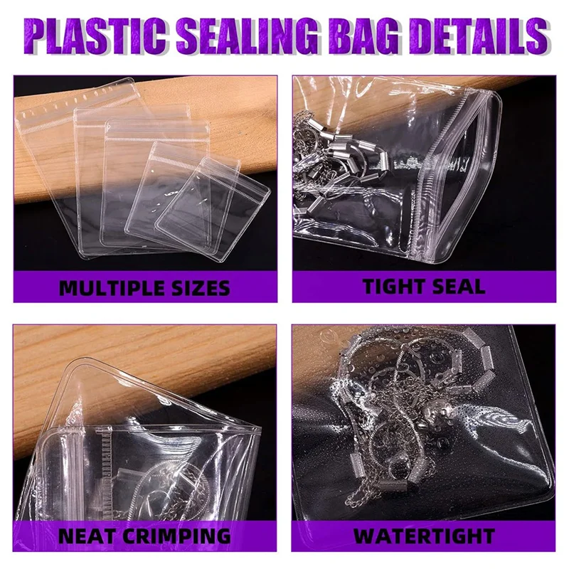 

A50I 190Pcs 5 Sizes Clear PVC Jewelry Bag Self Seal Plastic Zipper Bag With Anti Tarnish Paper Tabs Strips Assortment Kit