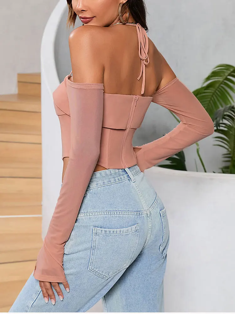 NewAsia Solid Full Sleeves Halter Corset Top For Women Summer Sexy Off The Shoulder Backless Slim Vest Fashion Party Empire Robe