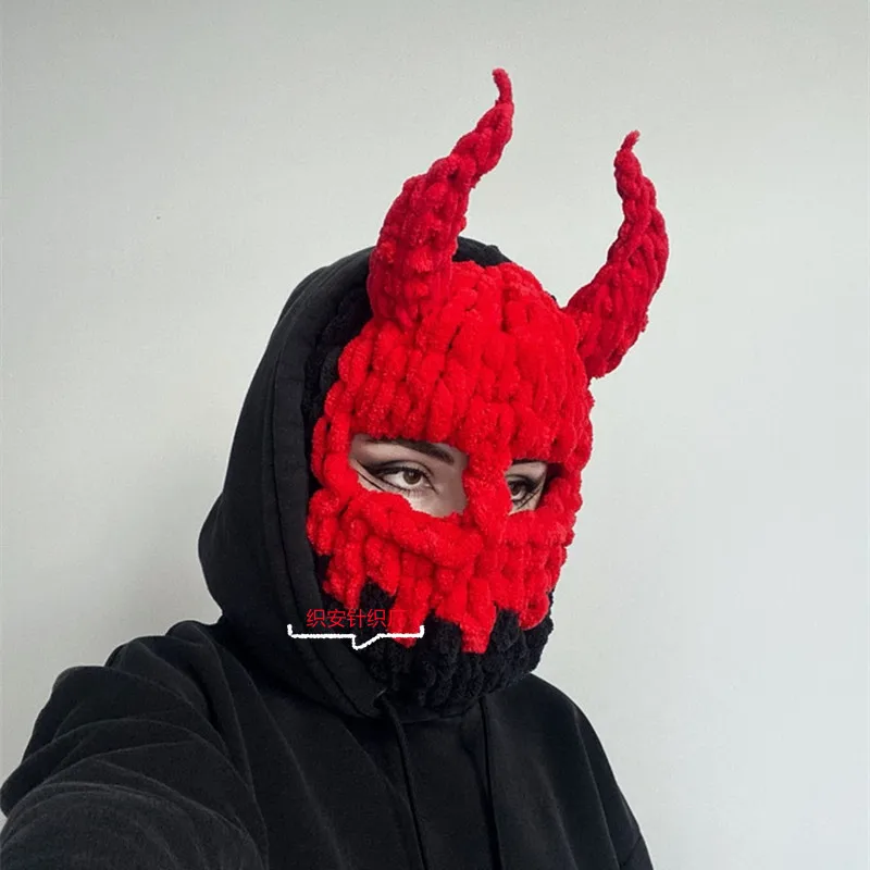 Leuke leuke wollen muts Schattige kleine duivelsmasker Hoornkap Verdikte warme gebreide muts Neutraal Zoet Koele wind Herfst en winter