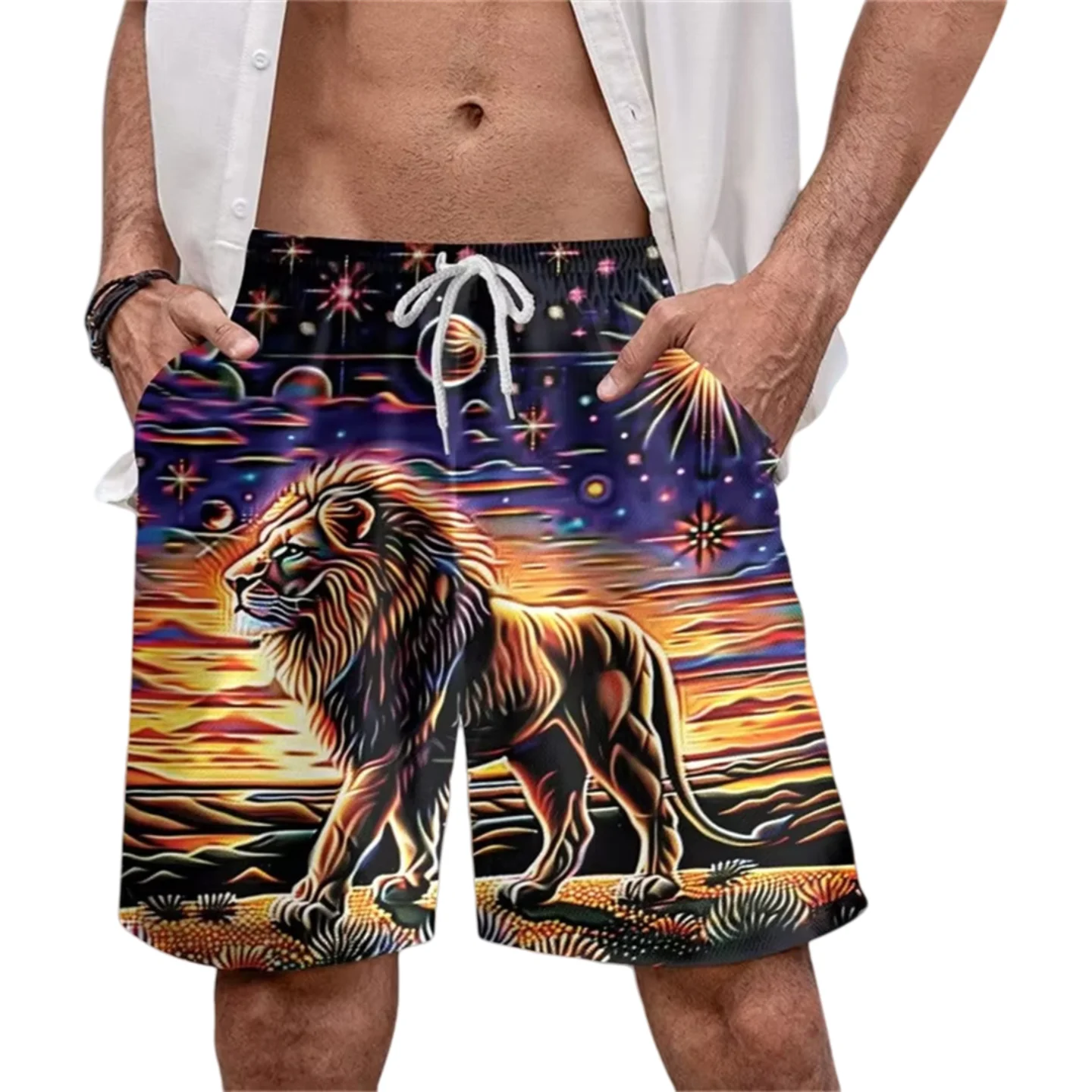 

Full Print Animal Lion Pattern Breathable Surf Short Pants Loose Holiday Seaside Ice Shorts Summer Men's Quick Dry Beach Shorts