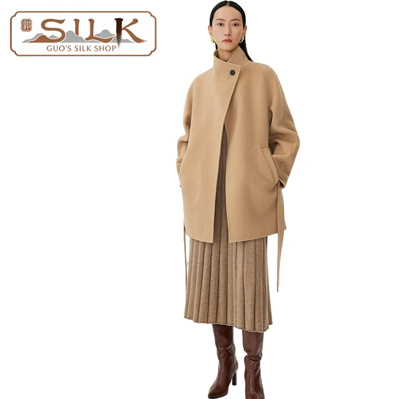 

High-end Double-sided Wool Women's Coat with High Collar One-Button Closure Elegant Fashionable Outfit for Autumn Winter