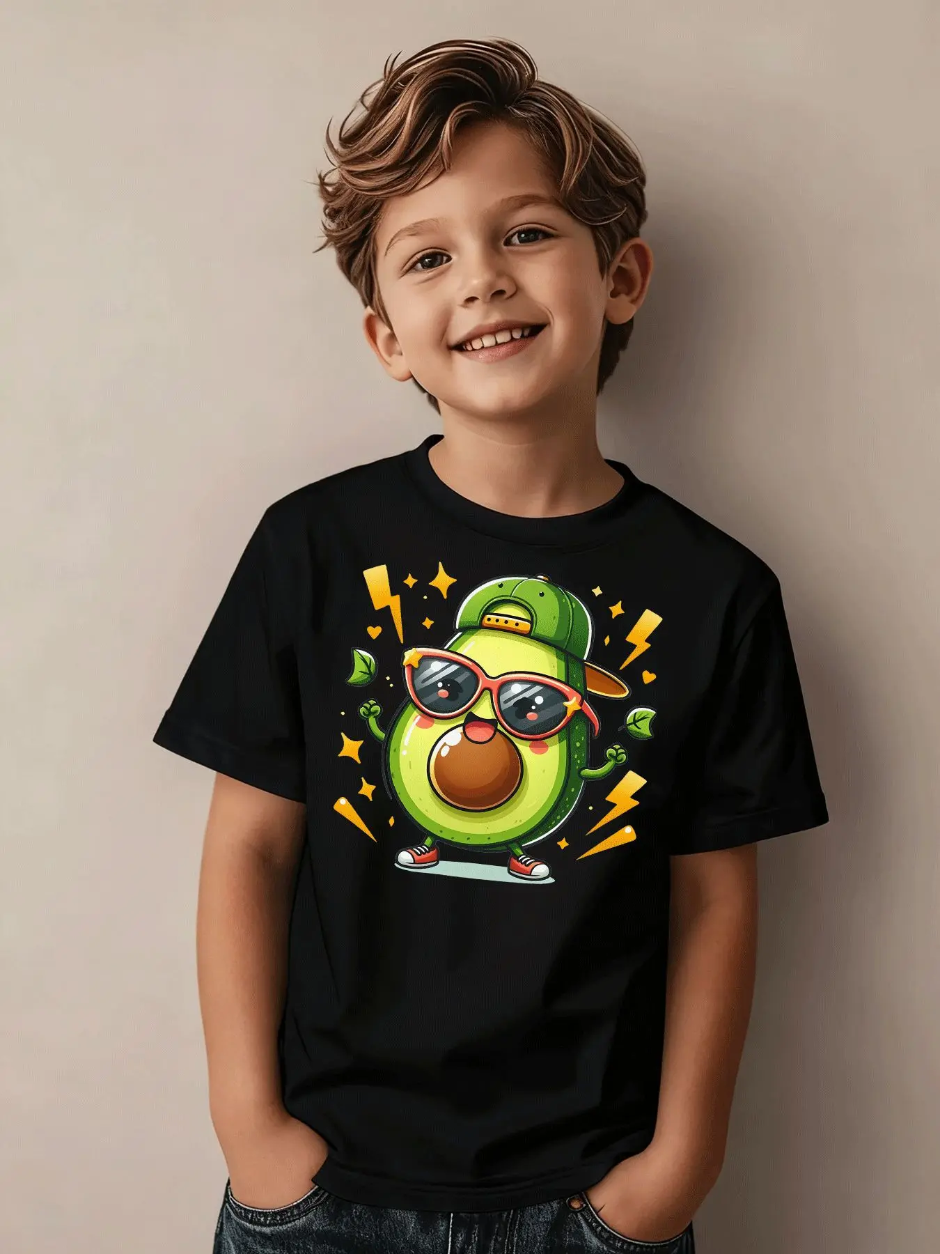 Cool Cartoon Avocado Fashion Glasses with Hat Wearing Design, Casual Party, Holiday Daily Wear, Children's T-shirt