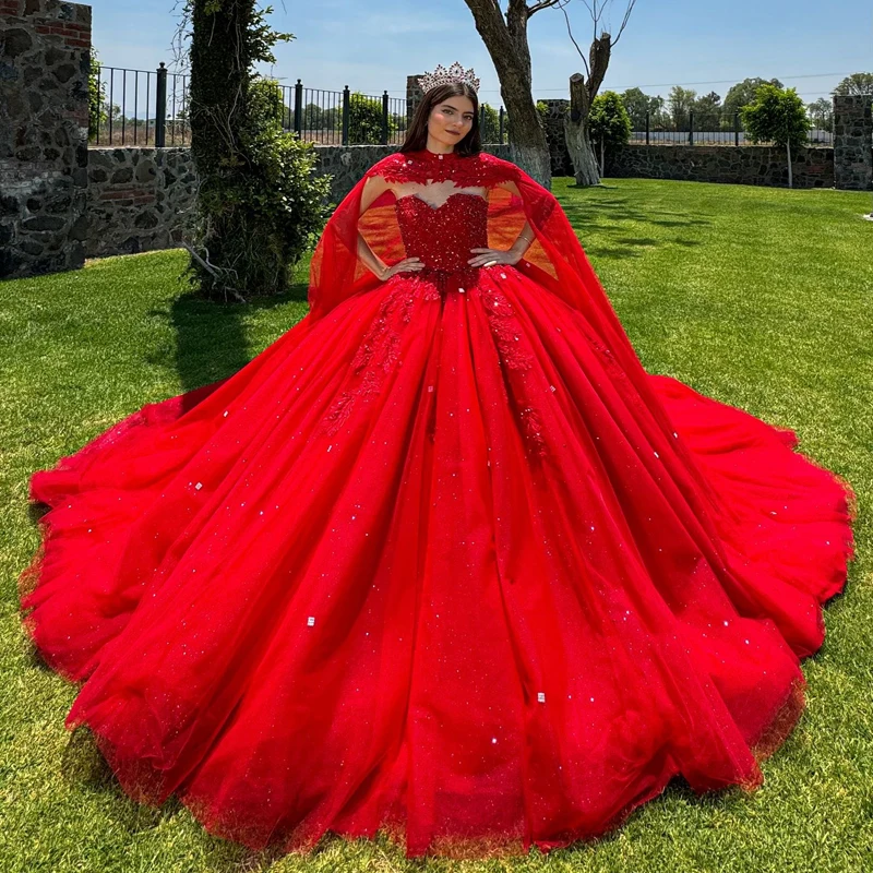 

Red Quinceanera Dress Ball Gown Off The Shoulder Appliques Lace Beads Tull With Cape Vestidos De 15 Años Sweet 16 Dress