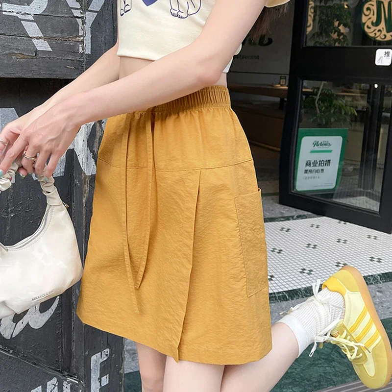 2026Summer Patchwork Women Skirt Shorts Casual Elastic Waist Wide Leg Shorts Solid Color Quick Drying Pockets Short Pants