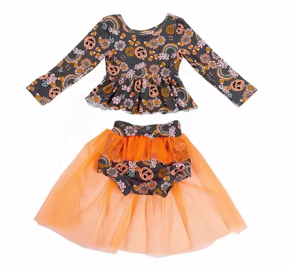 Beach Suits Halloween Pumpkin Floral Ruffle Long Sleeve With Organza Skirt Girls Dresses Festival two-piece sets