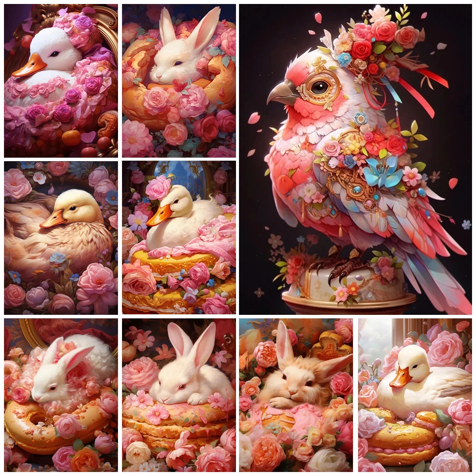 2024 New 5D DIY Diamond Painted Forest Flowers and Animals Rabbit Duck Bird Mosaic Embroidery Cross Embroidery Home Decor TT967