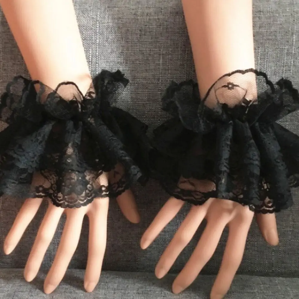 Lolita Hand Sleeve Detachable Sleeves Cuffs Solid Color Ruffles Lace Wrist Cuffs Elastic Floral Lace Sleeve Gloves Wedding