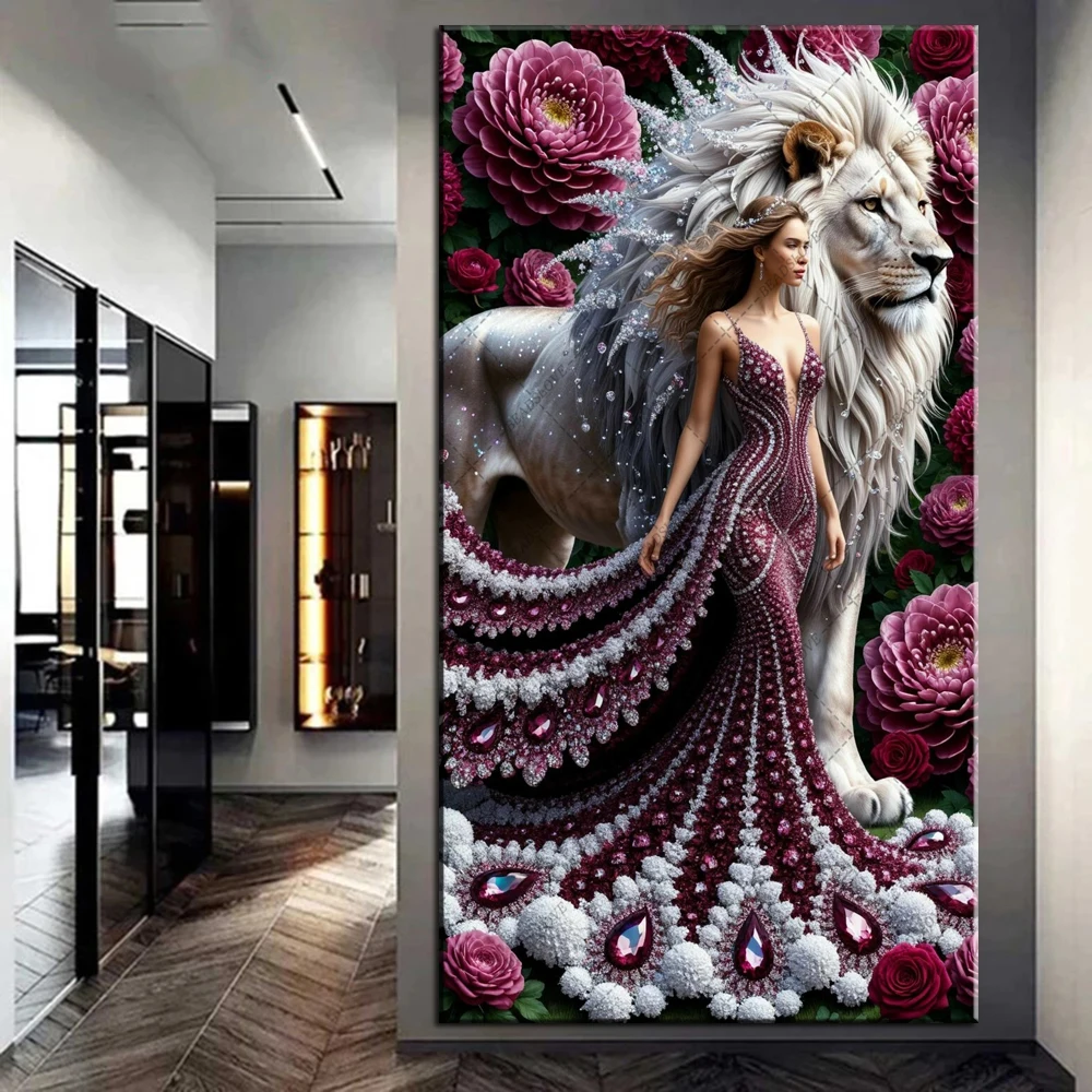 

Long Dress Princess Beauty Lion 5D Large DIY Full Square Diamond Painting Jewelry Cross Stitch Kit Mosaic 100x200cm Diamond Art