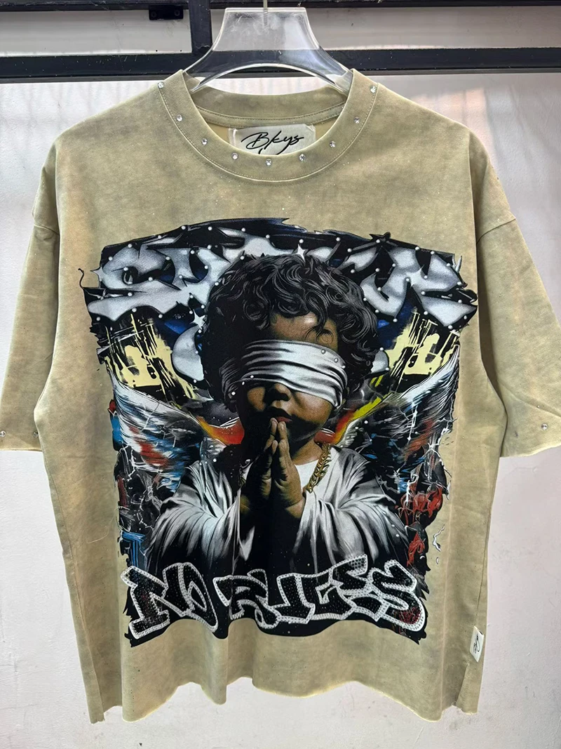 Übergroßes Orange Strass Washed T-Shirt mit Engelsflügeln und Graffiti Lustiges Grafik-T-Shirt für Männer und Frauen Sommer Lässiges Baumwoll-Kurzarm-Oberteil – Detail 3