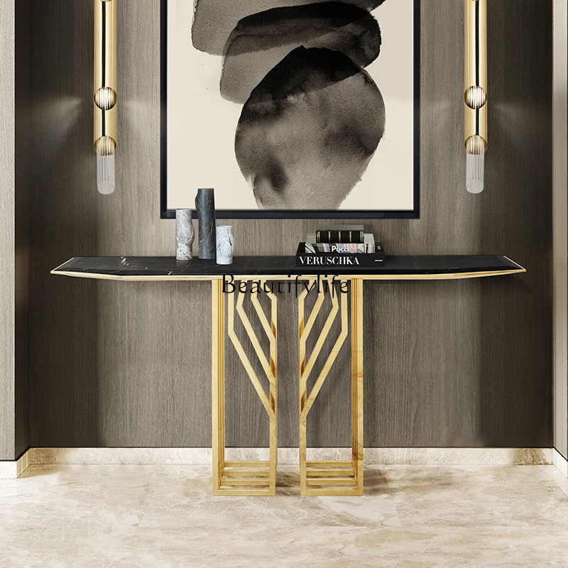 

Stainless steel entrance table, living room aisle entry, black and white root marble strip case