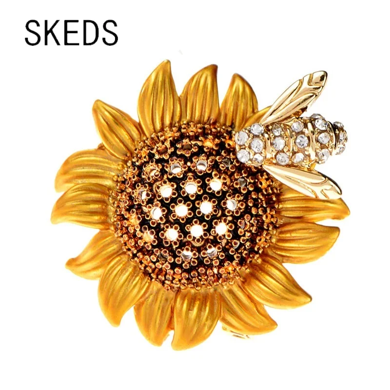 Trendy Elegant Sunflower With Rhinestone Bee Brooches For Women Men Daisy Flower Collar Insect Pins Badges Jewelry Accessories