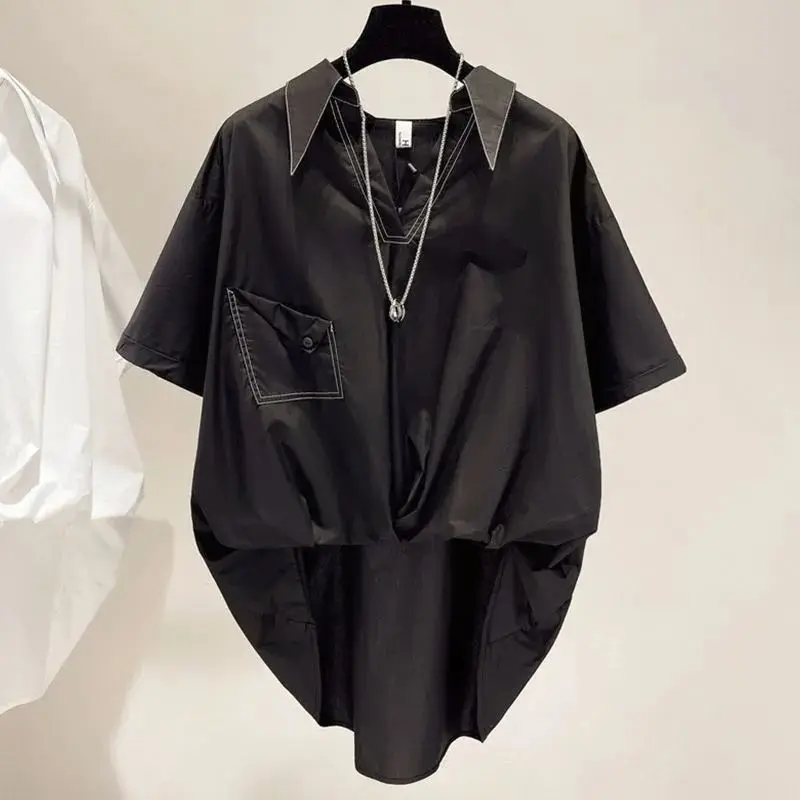 قميص أبيض متخصص للنساء في الصيف على الطراز الكوري، بلوزة رفيعة وفضفاضة بأكمام قصيرة