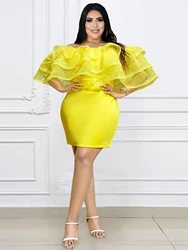 Women Yellow Sheer Tierrd Ruffle Off Shoulder Club Party Dress Package HiP Mini Slim Gowns Birthday Cokcktail Clothing Plus Size