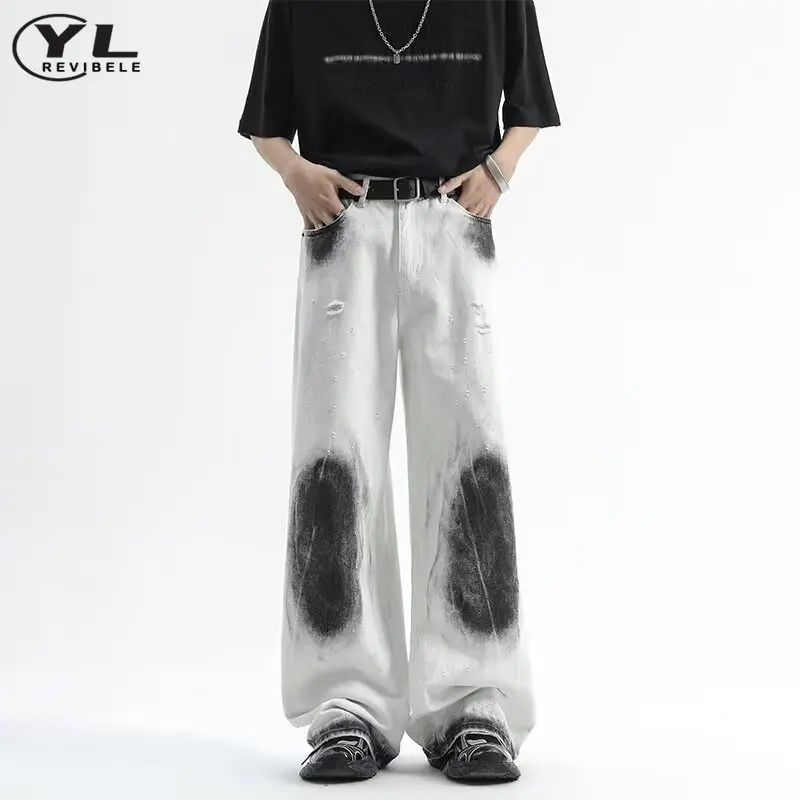 

90s Baggy White Jeans Men Women Harajuku Retro Hole Tie-Dye Wide Leg Denim Pants High Street Oversize Straight Jean Trousers New