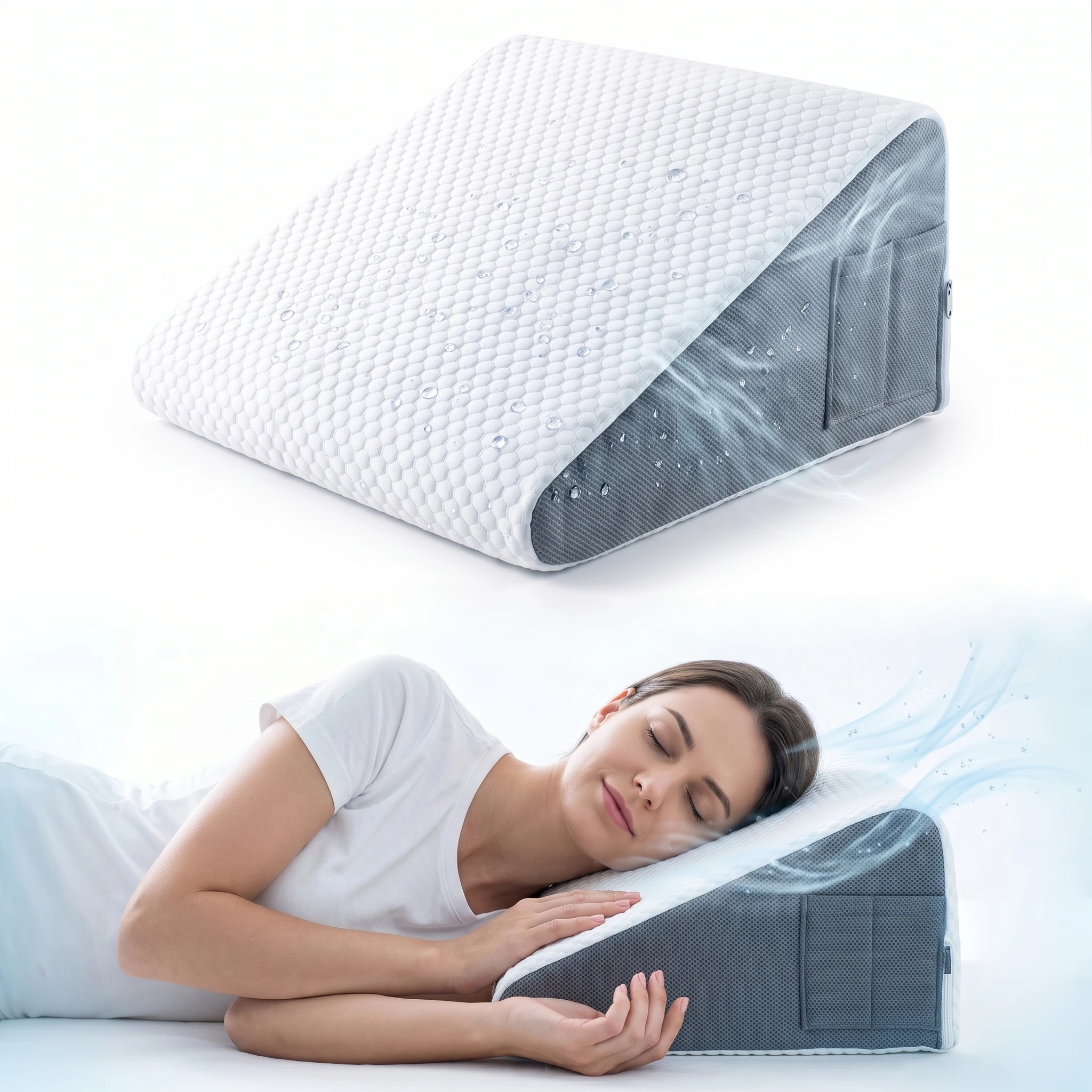 Cooling Ice Silk Wedge Pillow with Breathable Mesh Sides, Triangle Back Support Cushion for Bed Reading, Sleeping & Relaxing