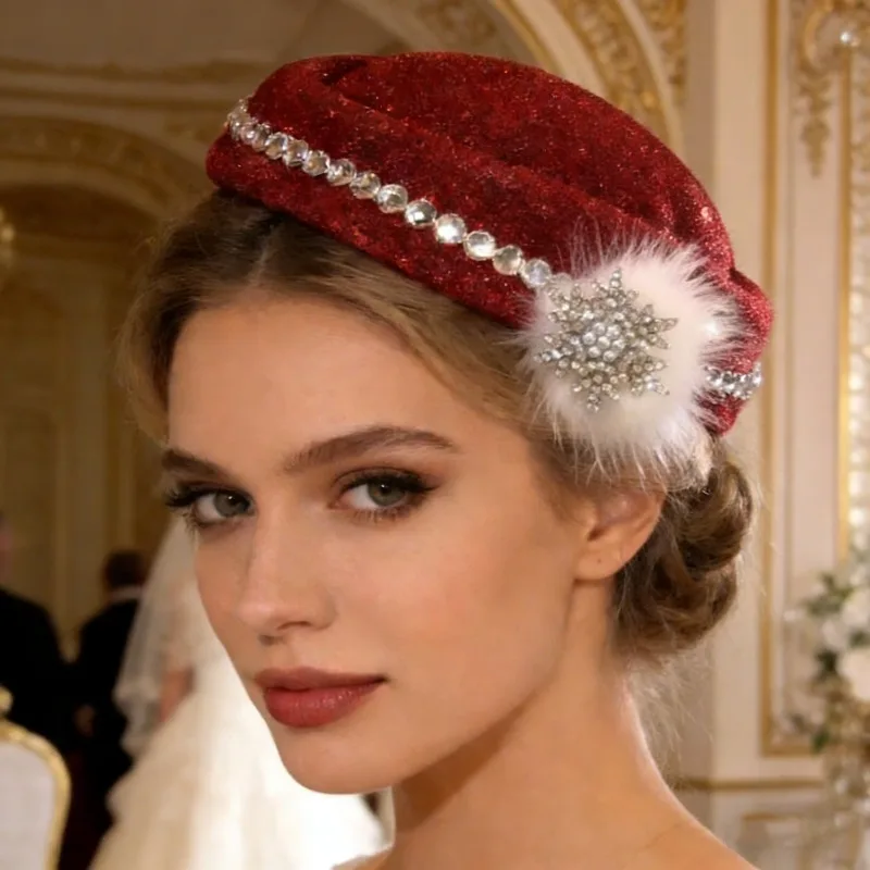 

Заколка-берет для невесты с плюшевым шариком, сверкающими стразами, боковая заколка в фестивальном стиле, заколка-«уточка» для вечеринок и свадеб