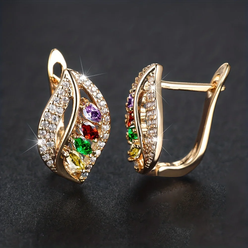 

New earrings with leaves-shaped designs, inlaid with colorful zircons. Dainty Gold Color Earrings For Women Bridal Jewelry