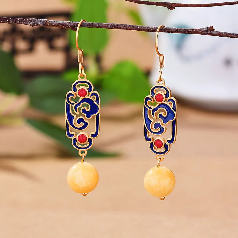 

Natural beeswax yellow round bead Eardrop Chinese style enamel auspicious cloud earings for women jewelry cheongsam accessories