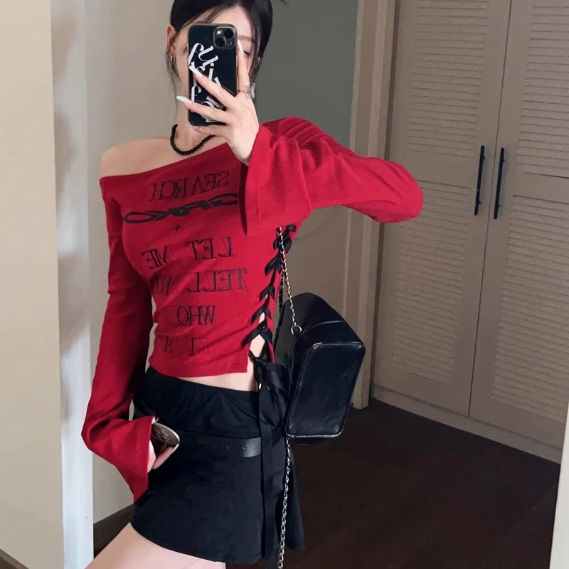 T-Shirts Women Oblique Shoulder Lace-up Design Slim Fit All-match Sweet Sexy Girls Korean Fashion Spring Autumn Crop Tops Casual