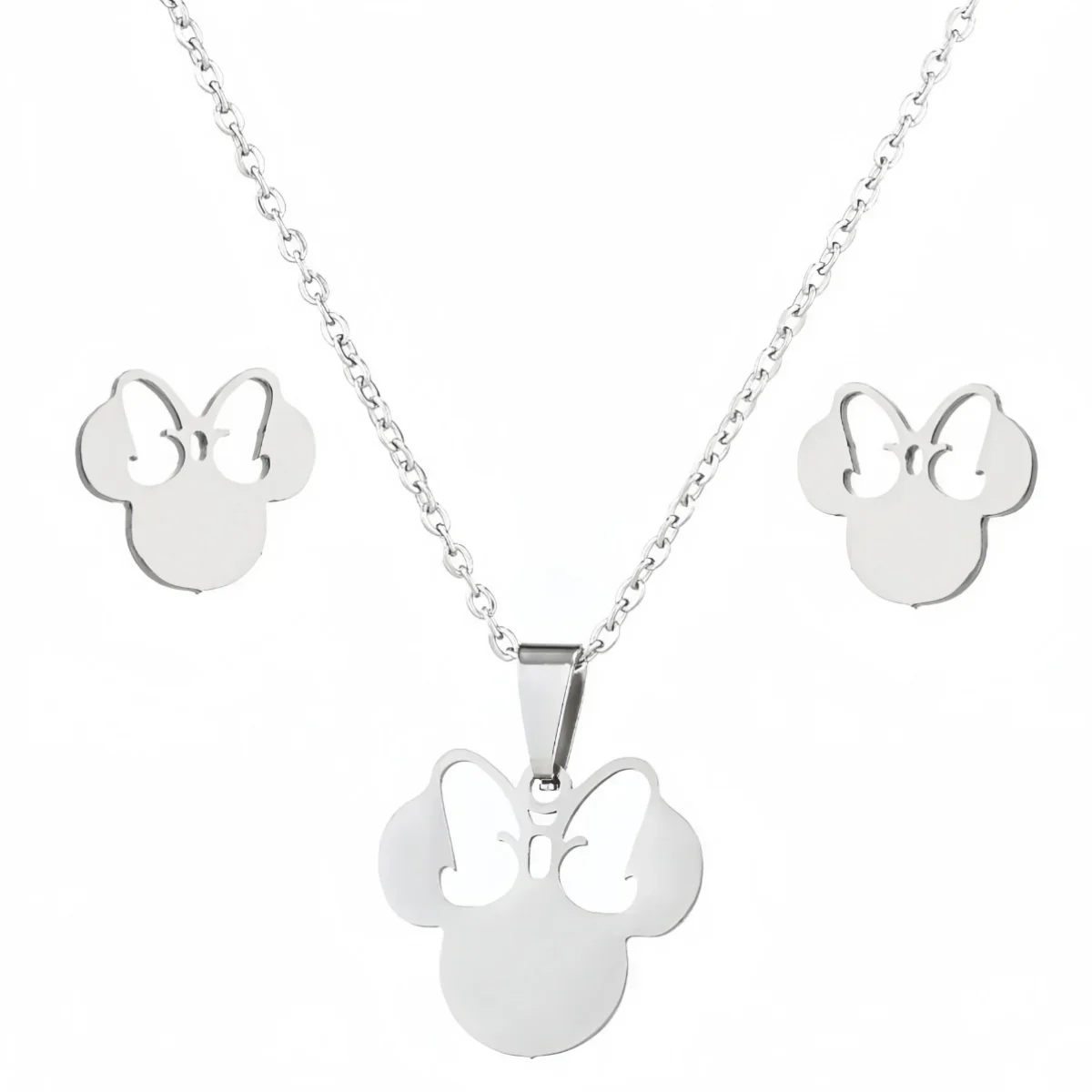 أنيمي لطيف الكرتون القوس ماوس الفولاذ المقاوم للصدأ طقم مجوهرات للنساء اكسسوارات الزفاف أقراط العروس ومجموعة مجوهرات قلادة