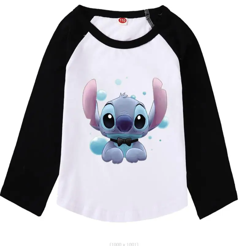 New Disney Stitch Student Girl Fashion T-Shirt Kids Long Sleeve Tops Spring Party Dresses Girls Cotton Printed Shirt Gift