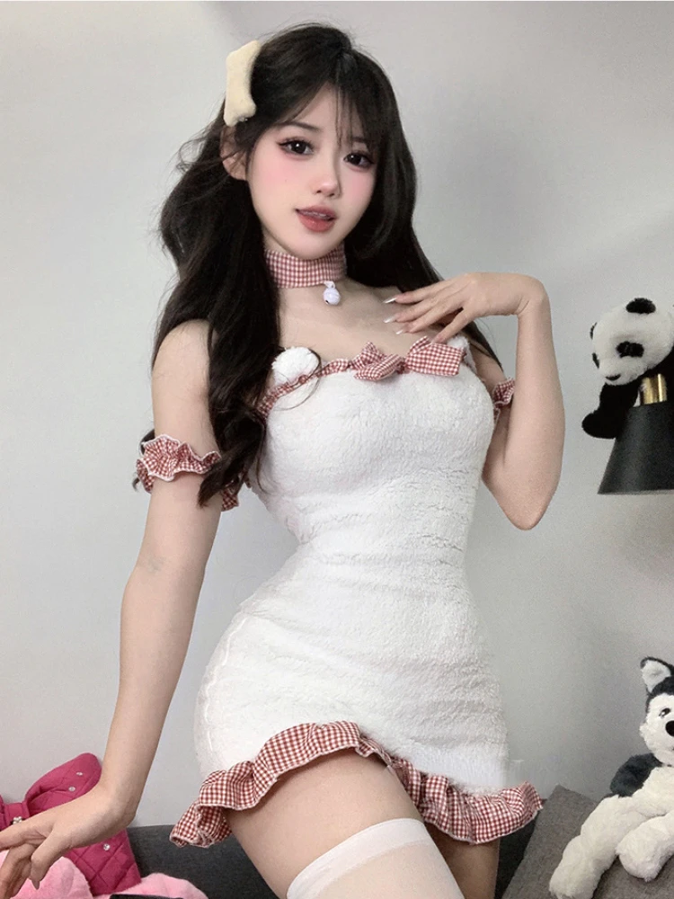 Cute Plush Little Bear Dress Cosplay Costume Sweet Maid Uniform Backless Nightgown Kawaii Lingerie Girl Anime Roleplay Underwear